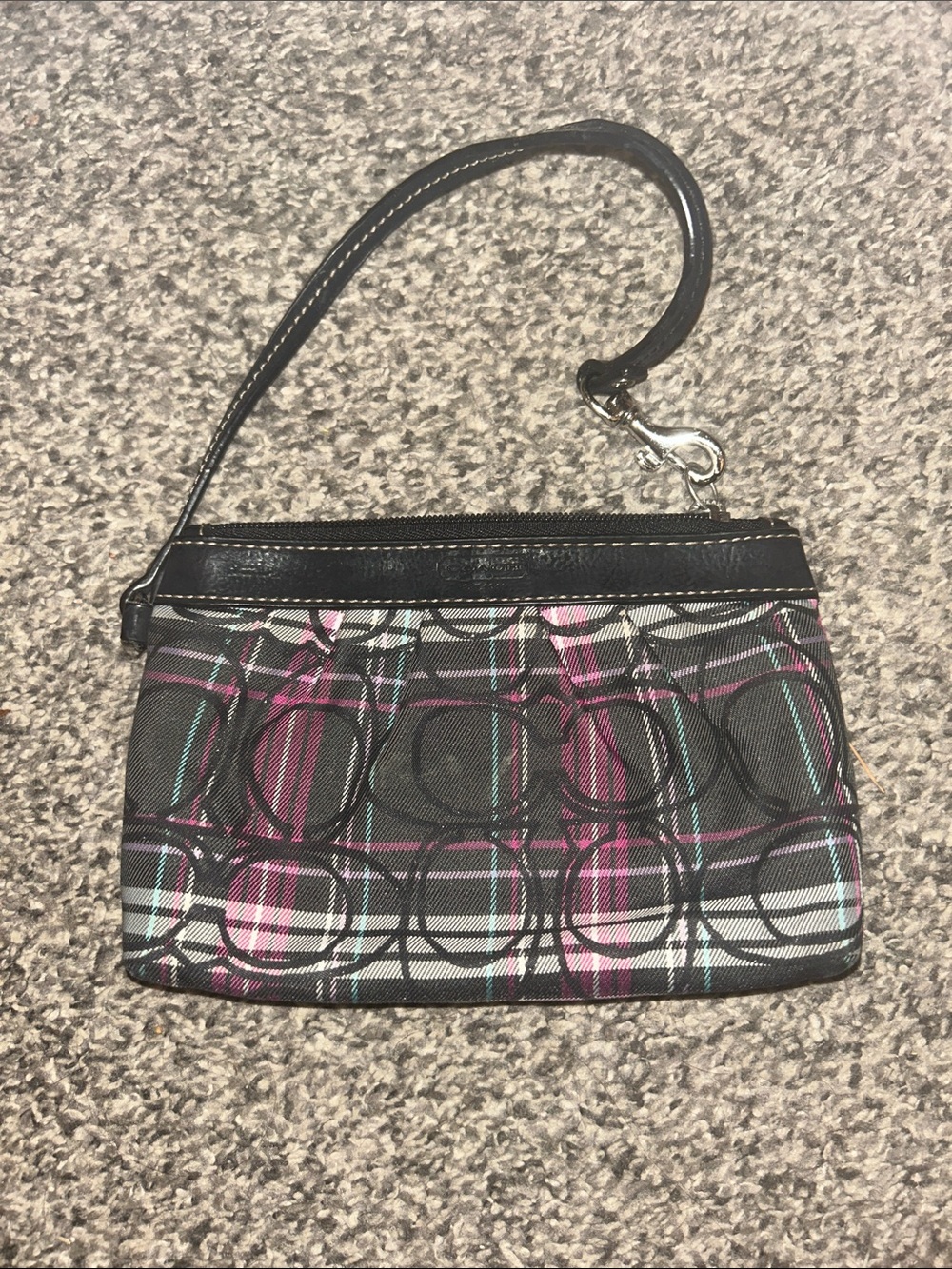 Coach Pink Plaid Signature Wristlet with Black Trim